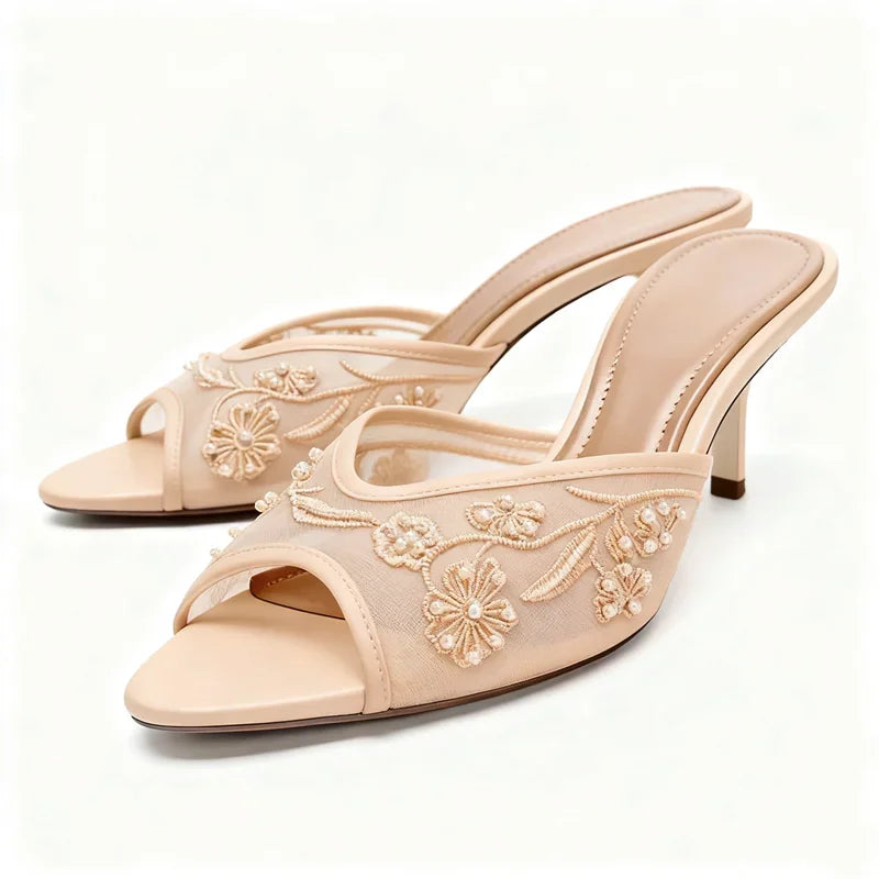Mesh Embroidery String Bead Slippers Peep Toe Thin Heel