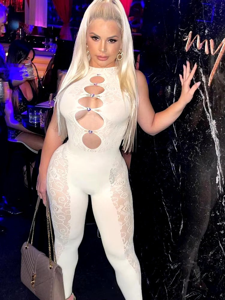 Trendy Mesh Jacquard Weave Cut Out See Through Slim Overalls Jumpsuit