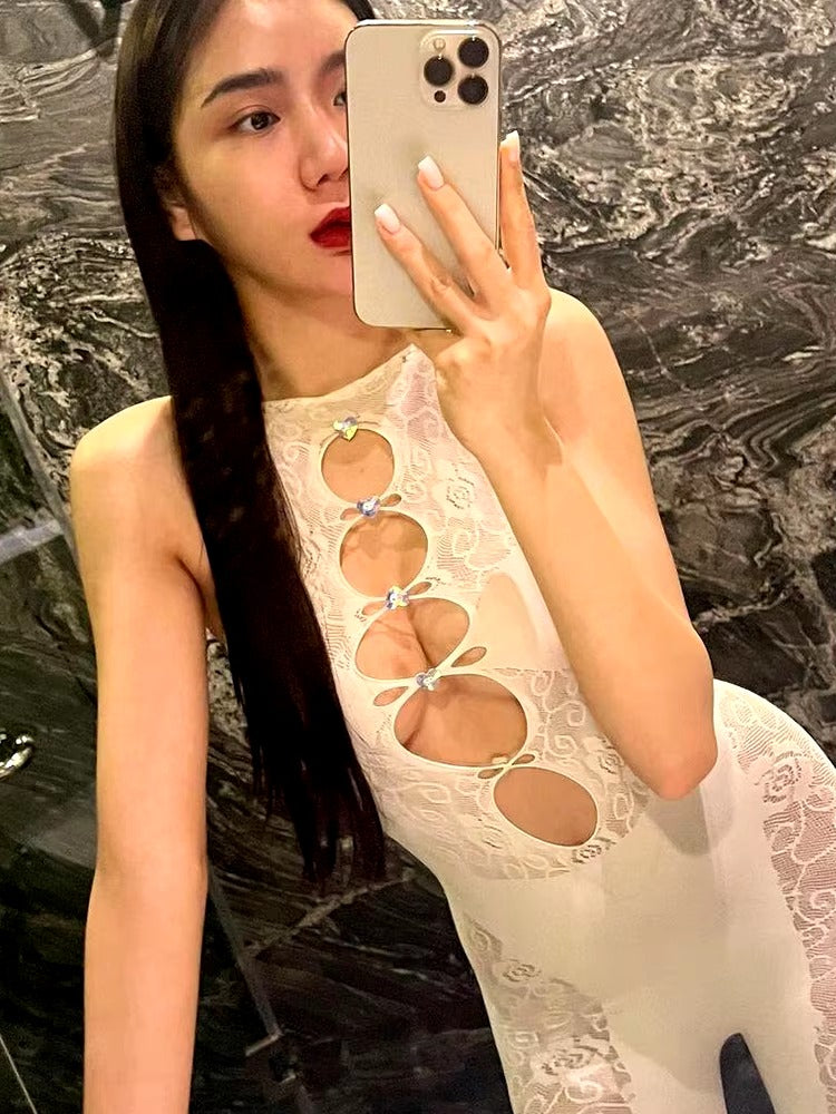 Trendy Mesh Jacquard Weave Cut Out See Through Slim Overalls Jumpsuit