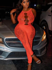 Trendy Mesh Jacquard Weave Cut Out See Through Slim Overalls Jumpsuit