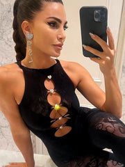 Trendy Mesh Jacquard Weave Cut Out See Through Slim Overalls Jumpsuit