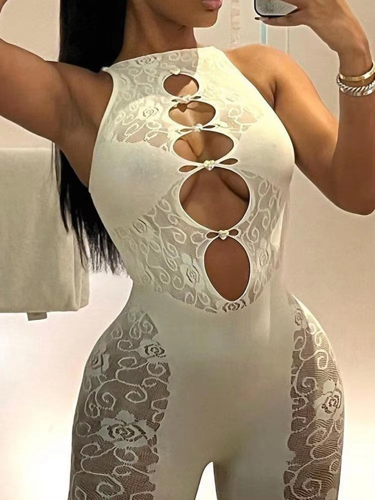 Trendy Mesh Jacquard Weave Cut Out See Through Slim Overalls Jumpsuit