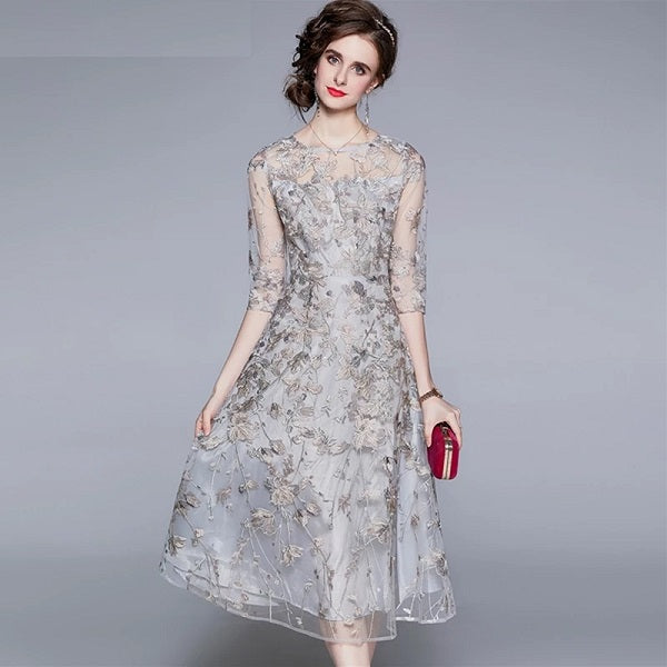 Mesh Lace Embroidery Long Elegant Party Dress