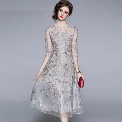Mesh Lace Embroidery Long Elegant Party Dress