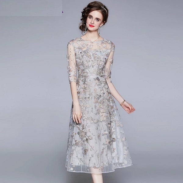 Mesh Lace Embroidery Long Elegant Party Dress