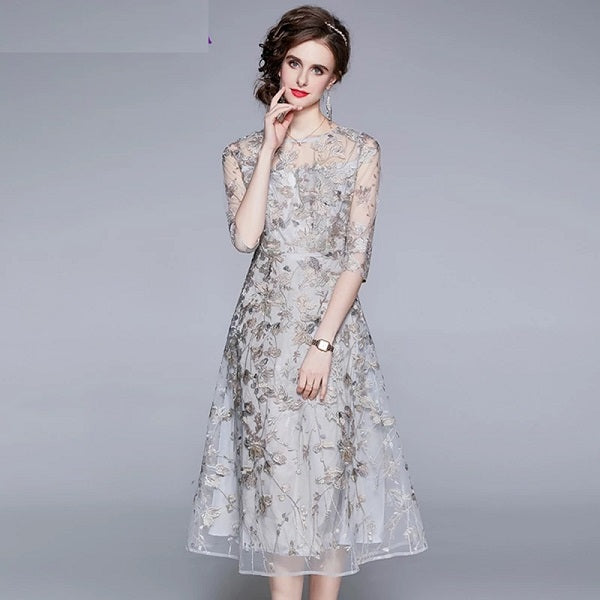 Mesh Lace Embroidery Long Elegant Party Dress