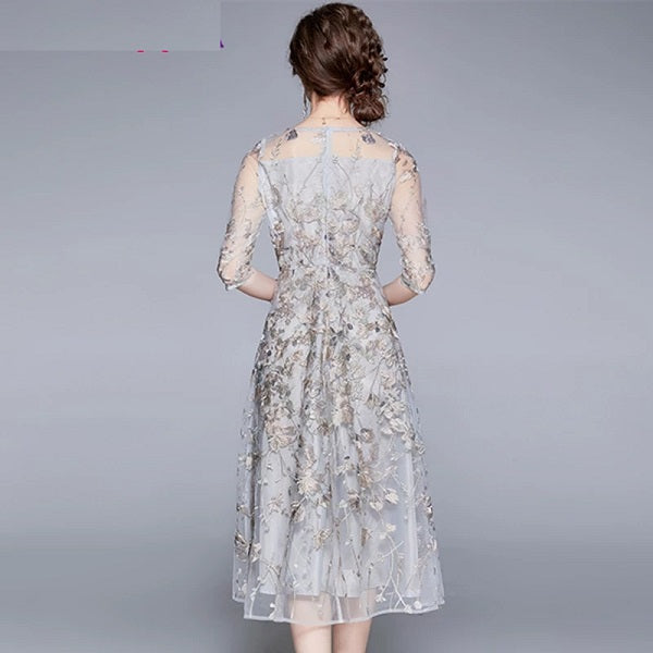 Mesh Lace Embroidery Long Elegant Party Dress