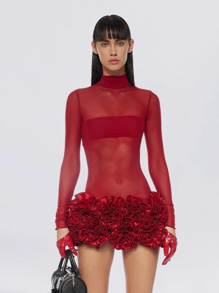 Mesh O-Neck Petal Sleeve Appliques Natural Waist Bodycon Mini Dress