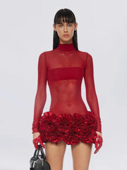 Mesh O-Neck Petal Sleeve Appliques Natural Waist Bodycon Mini Dress