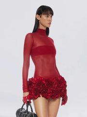 Mesh O-Neck Petal Sleeve Appliques Natural Waist Bodycon Mini Dress