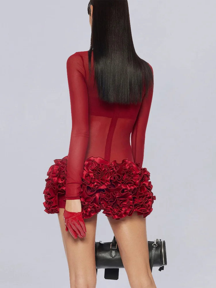 Mesh O-Neck Petal Sleeve Appliques Natural Waist Bodycon Mini Dress