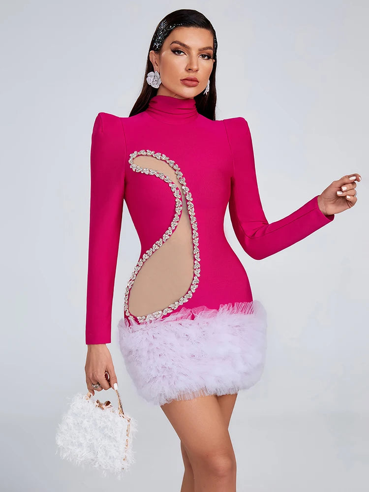 Mesh Patchwork Diamonds Long Sleeve Tierred Evening Party Bodycon Mini Bandage Dresses