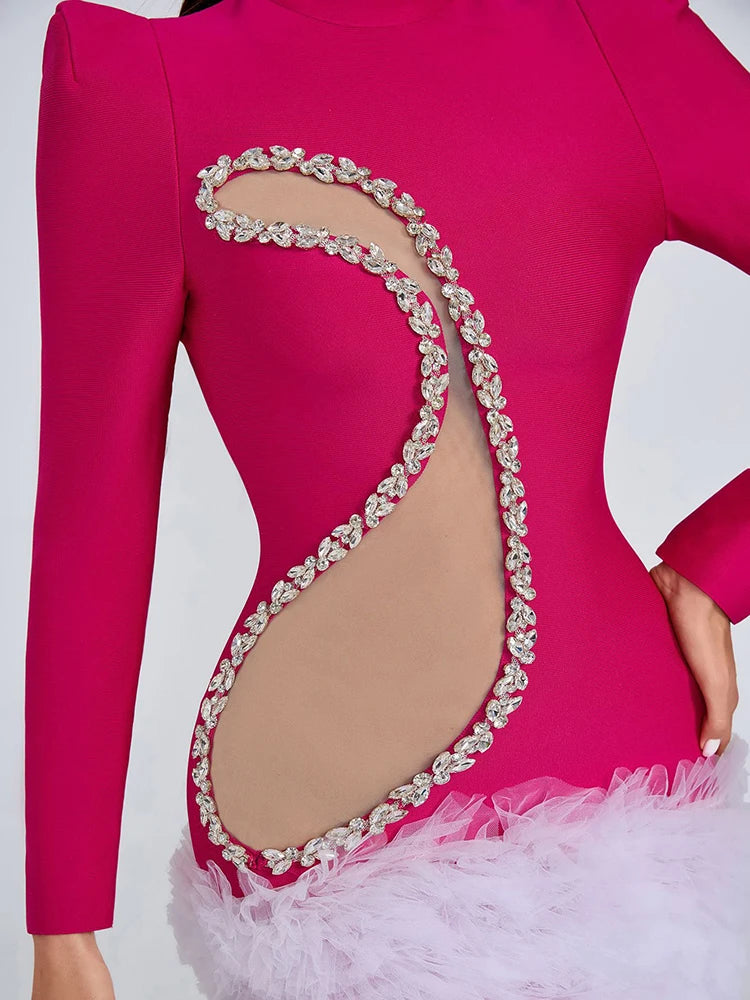 Mesh Patchwork Diamonds Long Sleeve Tierred Evening Party Bodycon Mini Bandage Dresses