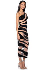 Mesh Patchwork One Shoulder Sleeveless Transparent Stripe Nightclub Party Bodycon Long Dress