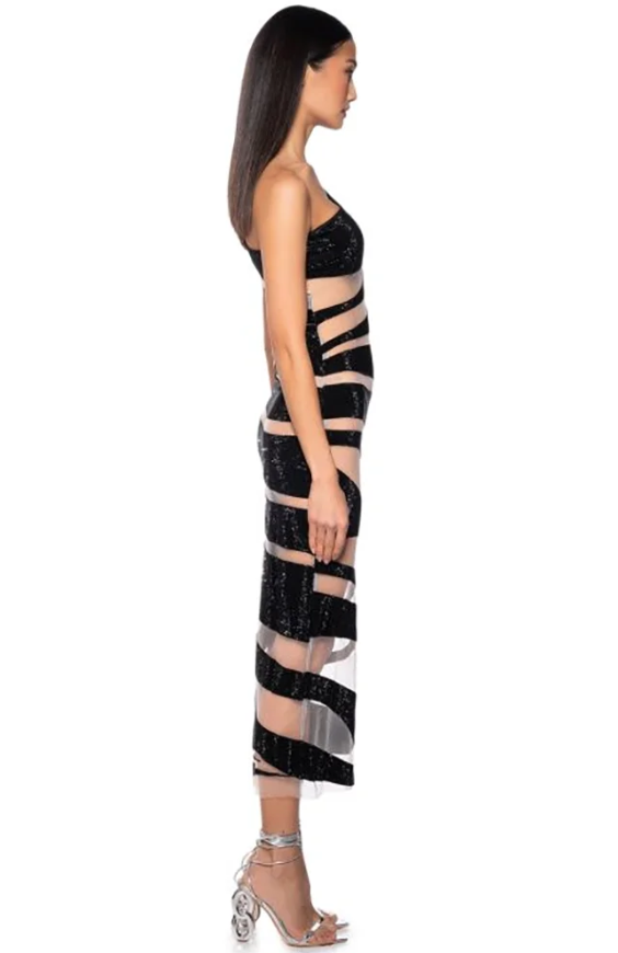 Mesh Patchwork One Shoulder Sleeveless Transparent Stripe Nightclub Party Bodycon Long Dress
