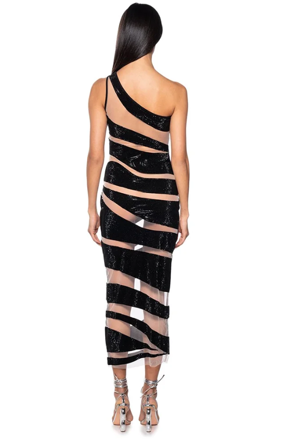 Mesh Patchwork One Shoulder Sleeveless Transparent Stripe Nightclub Party Bodycon Long Dress
