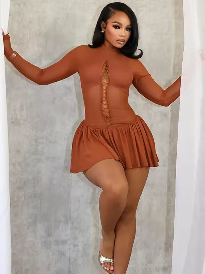 Mesh Patchwork Pleated Full Sleeve Solid Trend Stretch Midnight Party Club Bodycon Dress