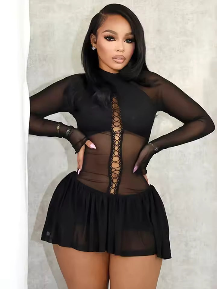 Mesh Patchwork Pleated Full Sleeve Solid Trend Stretch Midnight Party Club Bodycon Dress