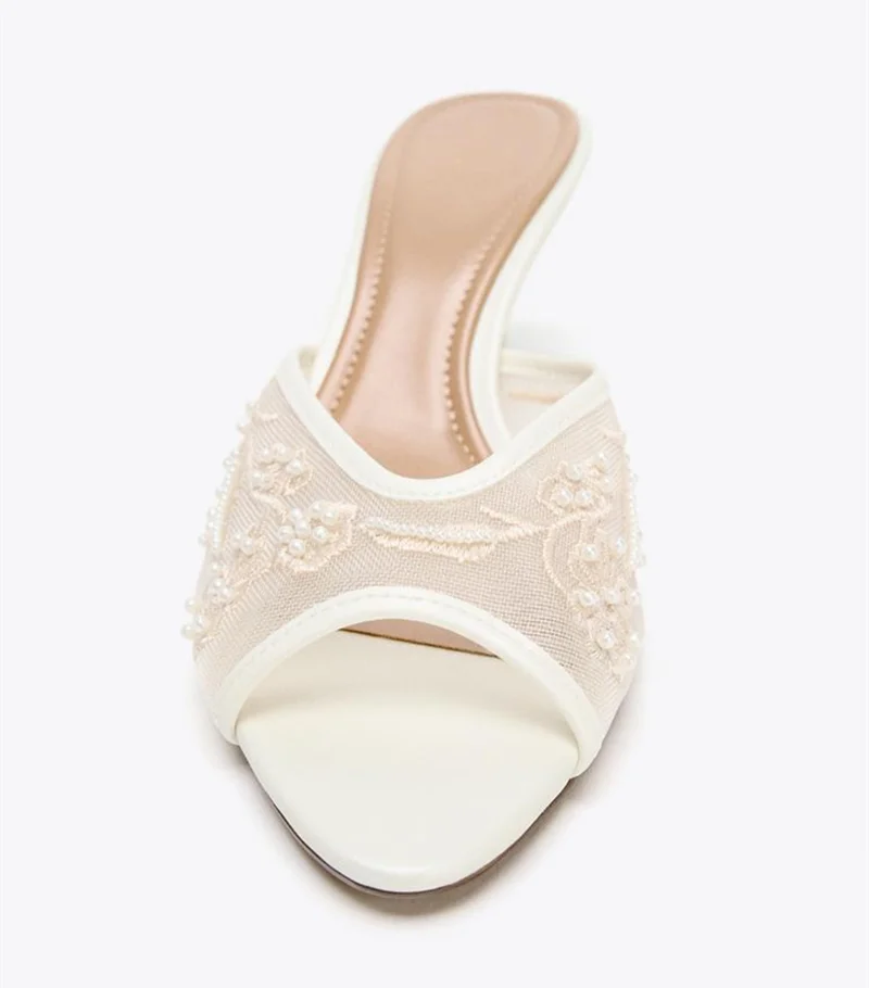Mesh Pearl Embellished Flowers Slippers Peep Toe Slide Sandals Elegant Heel
