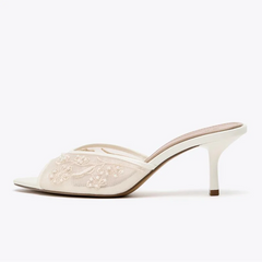 Mesh Pearl Embellished Flowers Slippers Peep Toe Slide Sandals Elegant Heel