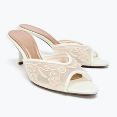 Mesh Pearl Embellished Flowers Slippers Peep Toe Slide Sandals Elegant Heel