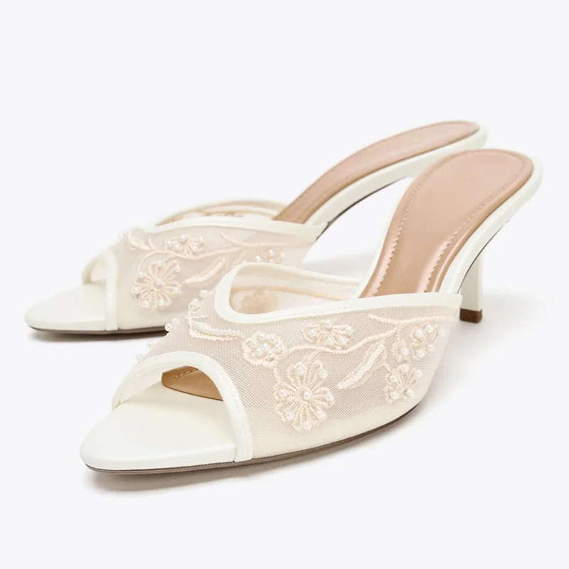 Mesh Pearl Embellished Flowers Slippers Peep Toe Slide Sandals Elegant Heel
