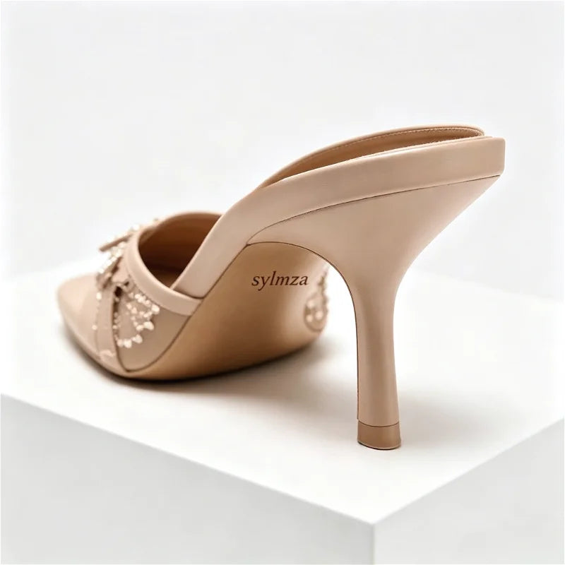 Mesh Rhinestone Bow Decoration Slippers Pointy Toe Peep Toe Slides Sandals Elegant Luxury Designer Heel