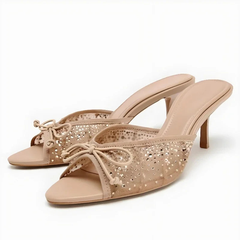 Mesh Rhinestone Bow Decoration Slippers Pointy Toe Peep Toe Slides Sandals Elegant Luxury Designer Heel