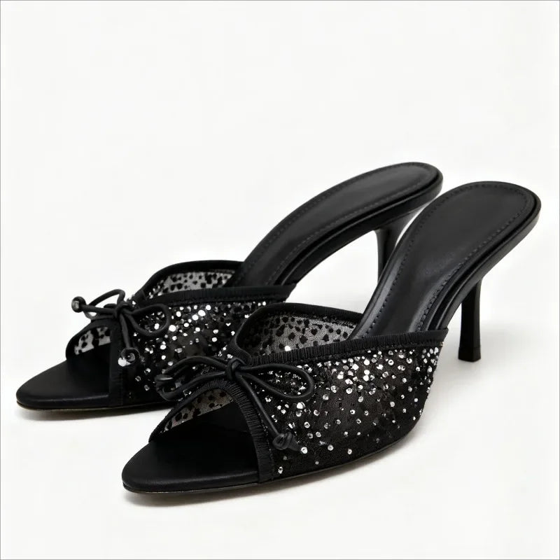 Mesh Rhinestone Bow Decoration Slippers Pointy Toe Peep Toe Slides Sandals Elegant Luxury Designer Heel