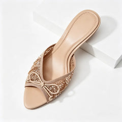 Mesh Rhinestone Bow Decoration Slippers Pointy Toe Peep Toe Slides Sandals Elegant Luxury Designer Heel