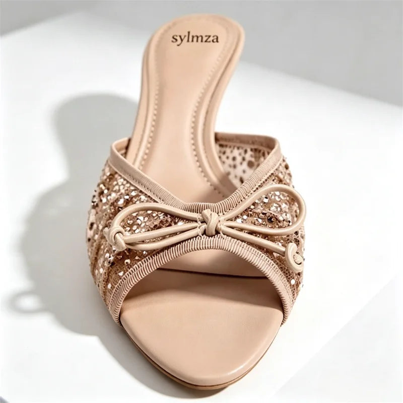 Mesh Rhinestone Bow Decoration Slippers Pointy Toe Peep Toe Slides Sandals Elegant Luxury Designer Heel