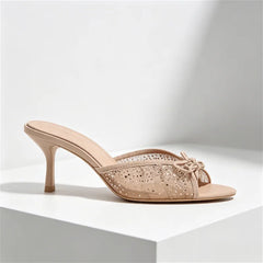 Mesh Rhinestone Bow Decoration Slippers Pointy Toe Peep Toe Slides Sandals Elegant Luxury Designer Heel