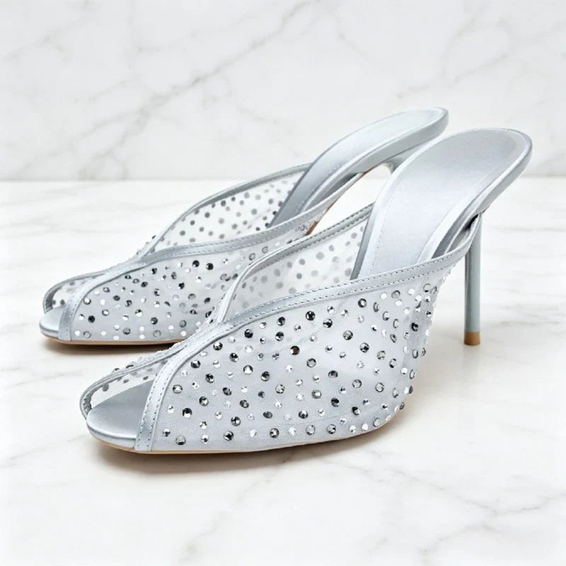 Mesh Rhinestone Detail Mules Sandals Peep Toe High Heel