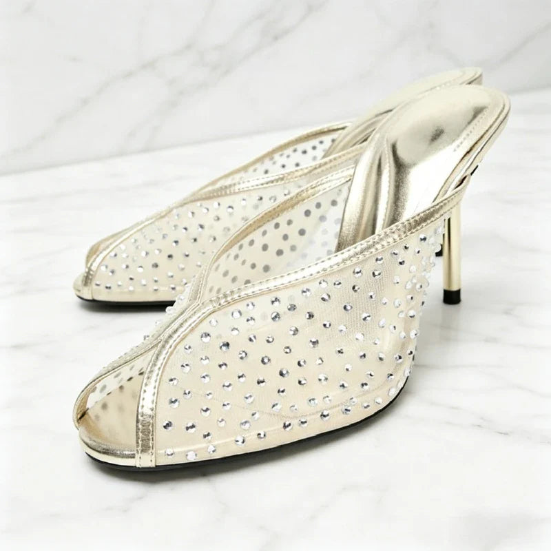 Mesh Rhinestone Detail Mules Sandals Peep Toe High Heel