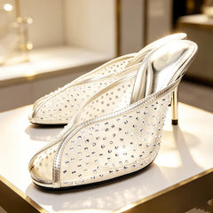 Mesh Rhinestone Detail Mules Sandals Peep Toe High Heel
