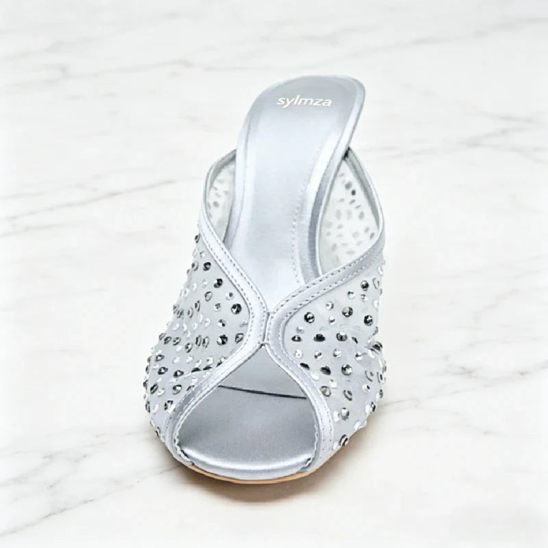 Mesh Rhinestone Detail Mules Sandals Peep Toe High Heel