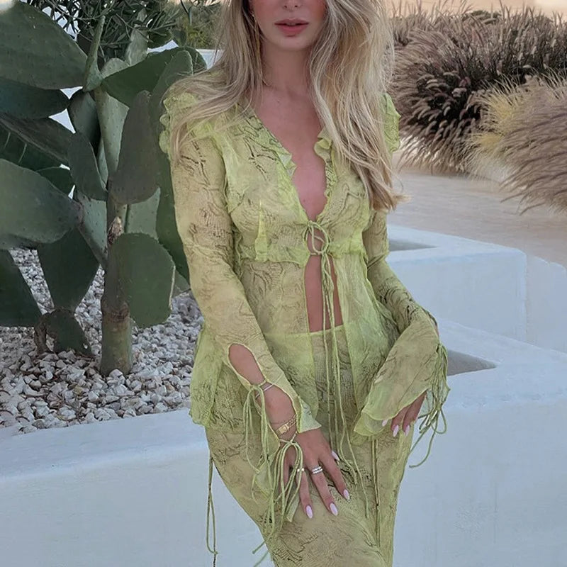 Mesh Sheer Long Sleeve Tie Front Blouse Shirts Maxi Skirt Matching Sets