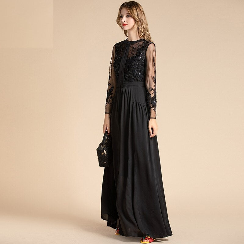 Mesh Sleeve Flowers Embroidery Sequin Solid  Maxi Dress