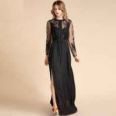 Mesh Sleeve Flowers Embroidery Sequin Solid  Maxi Dress