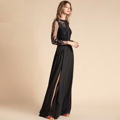 Mesh Sleeve Flowers Embroidery Sequin Solid  Maxi Dress