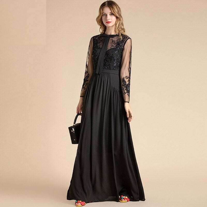 Mesh Sleeve Flowers Embroidery Sequin Solid  Maxi Dress