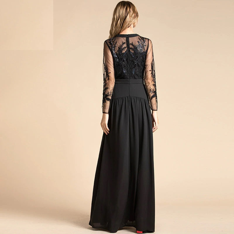 Mesh Sleeve Flowers Embroidery Sequin Solid  Maxi Dress