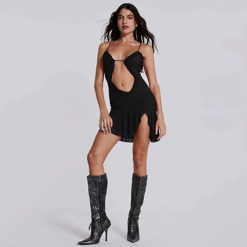 Mesh Spaghetti Strap Cut Out Frilly Short Ruffle Asymmetrical Beach Boho Mini Dress