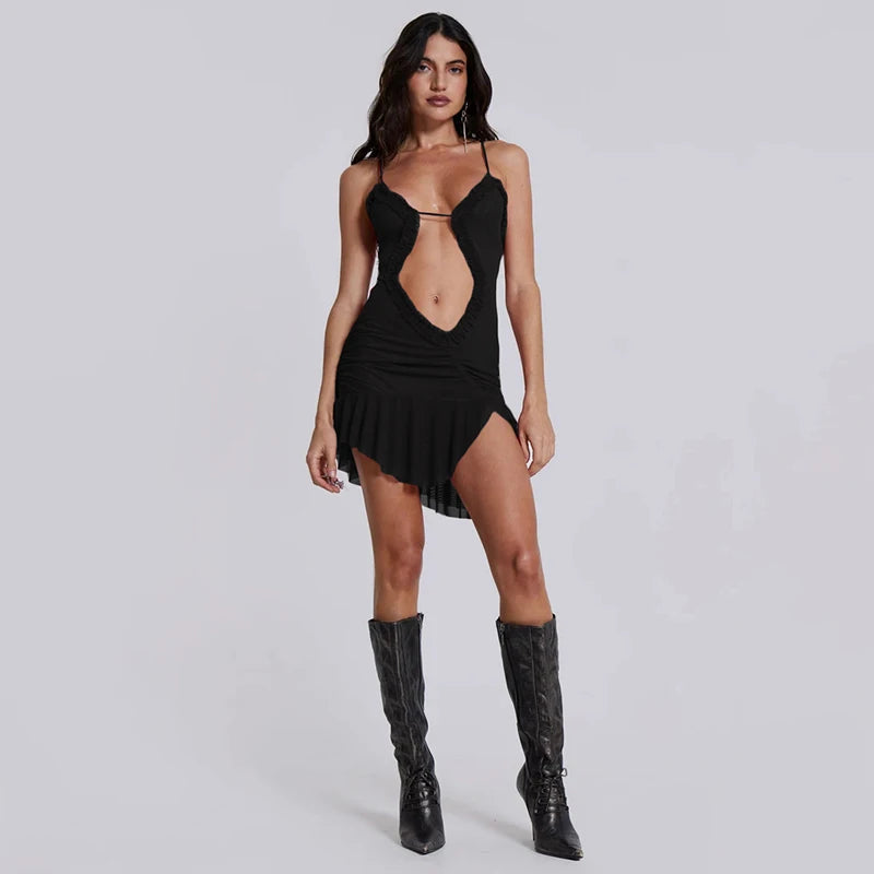Mesh Spaghetti Strap Cut Out Frilly Short Ruffle Asymmetrical Beach Boho Mini Dress