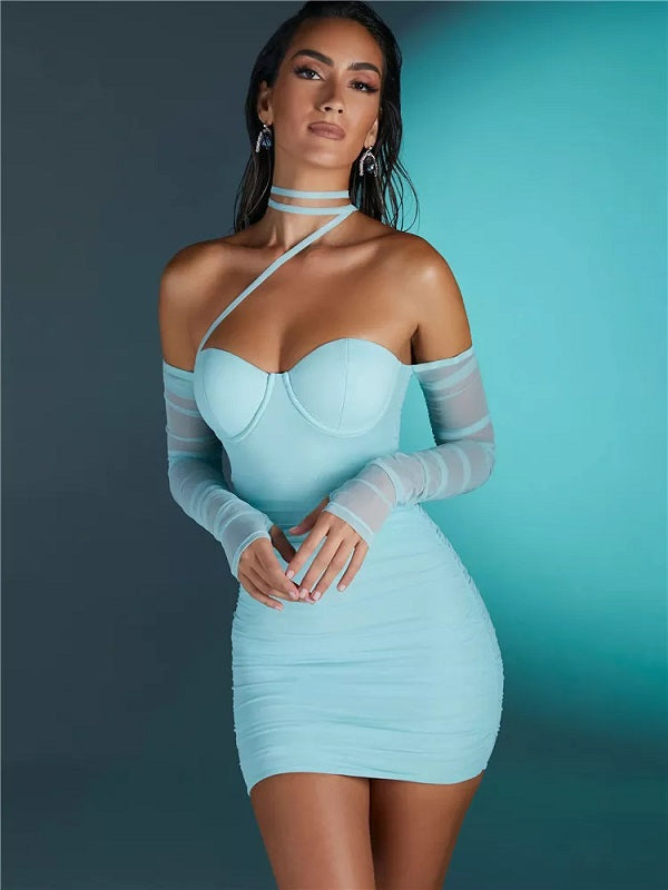 Mesh Strapless Pleated Sleeve Off Shoulder Dress