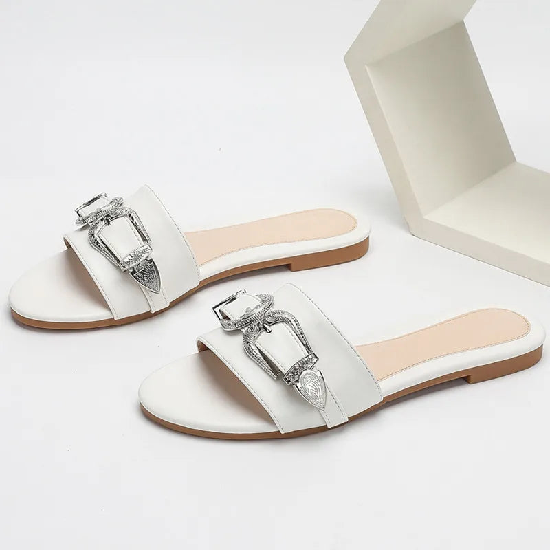 Metal Belt Buckle Decoration Slippers Lightweight Non-slip Slide Sandals Comfortable Peep Toe Beach Flat Sandals