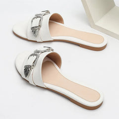 Metal Belt Buckle Decoration Slippers Lightweight Non-slip Slide Sandals Comfortable Peep Toe Beach Flat Sandals