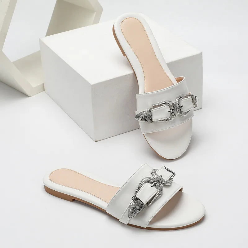 Metal Belt Buckle Decoration Slippers Lightweight Non-slip Slide Sandals Comfortable Peep Toe Beach Flat Sandals