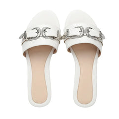 Metal Belt Buckle Decoration Slippers Lightweight Non-slip Slide Sandals Comfortable Peep Toe Beach Flat Sandals