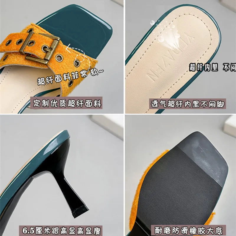 Metal Belt Buckle Designer Slippers Open Toe Thin Heel